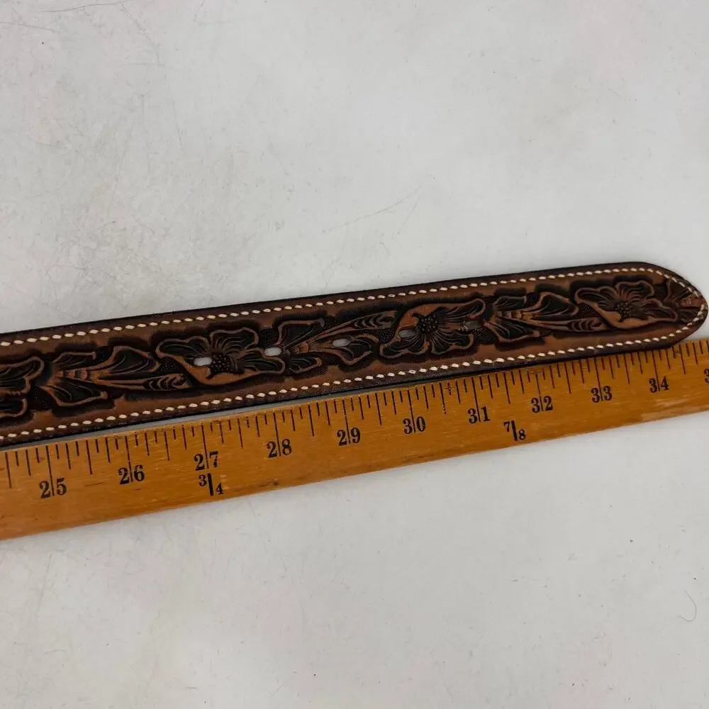 Vintage Western Belt Mens 30 Brown Floral Embossed Cowhide Bull Rider Cowboy